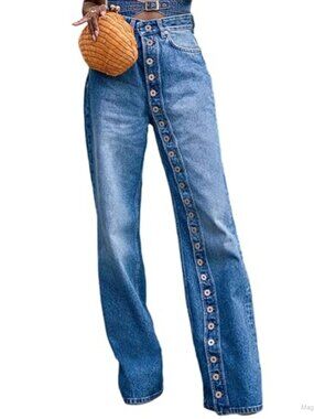 High Waisted Straight Leg Jeans Button Down Boyfriend Denim Pants